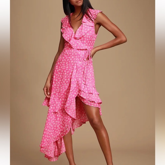 Lulus Cornelia Fuchsia Pink Floral Print Ruffled Wrap Midi Dress size M - Picture 1 of 8